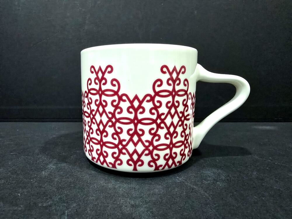 Starbucks 2017 Holiday Mug Red Maroon Scroll Filigree 12oz Angular V-Handle EUC